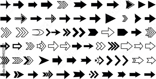 Collection of various black arrow icons on white background