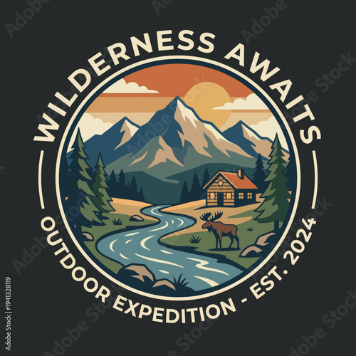 This picturesque wilderness scene shows a tranquil mountain landscape with a river, embodying the excitement of outdoor expeditions and nature exploration.