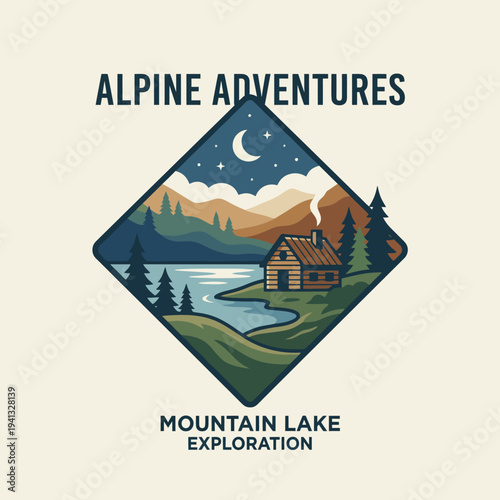 A beautiful scene featuring a tranquil mountain lake and a rustic cabin under a starlit sky, emphasizing the allure of nature and the serenity of alpine adventures and explorations.
