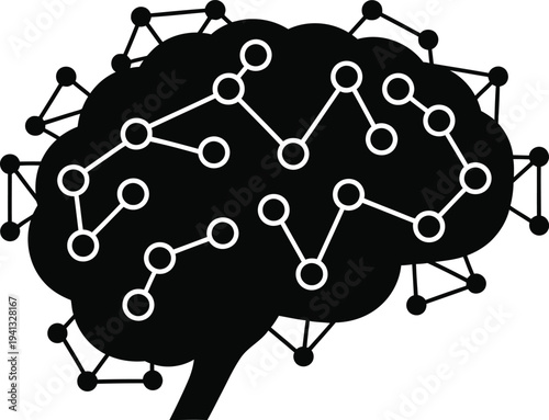 Brain with neural network connections and nodes on white background