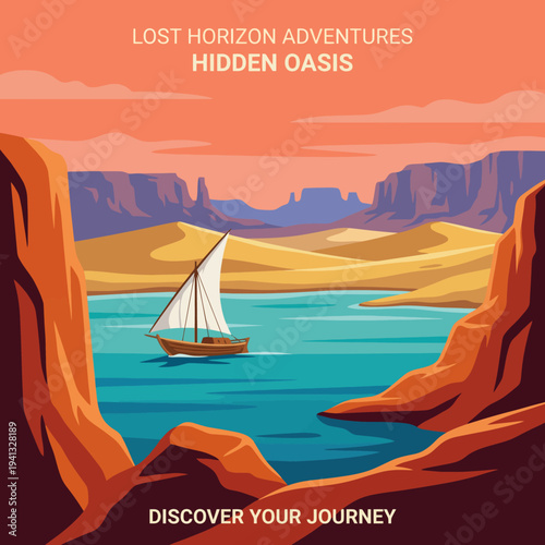 An inviting image depicting a sailboat on tranquil waters near a hidden oasis, surrounded by arid landscapes, embodying serenity and the spirit of adventure in nature.