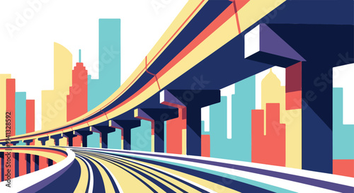 Cityscape highway vector illustration with modern buildings and elevated road