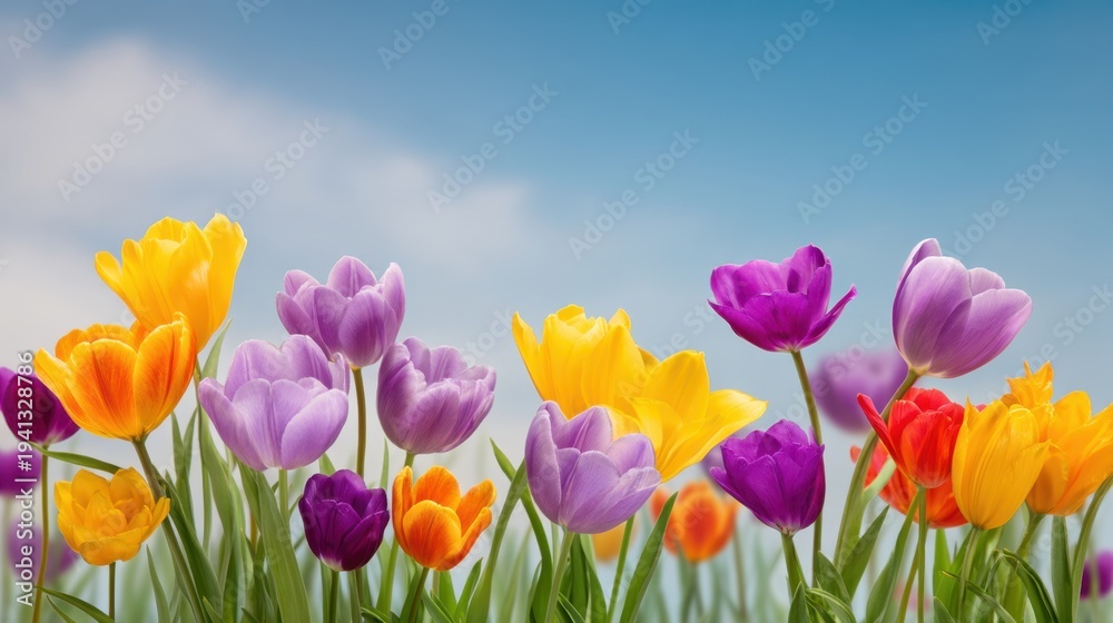 Fototapeta premium Vibrant Field of Colorful Tulips Under a Clear Blue Sky
