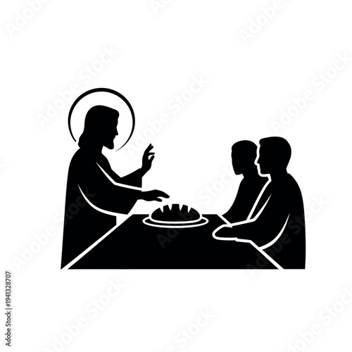 Jesus Christ Breaking Bread with Disciples at Table.