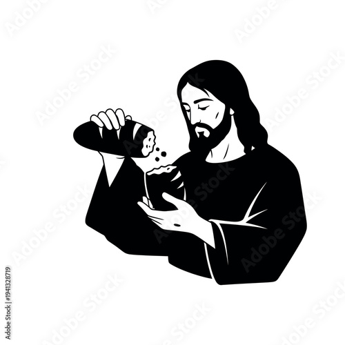 Jesus Christ breaking bread and sharing in a black and white illustration.
