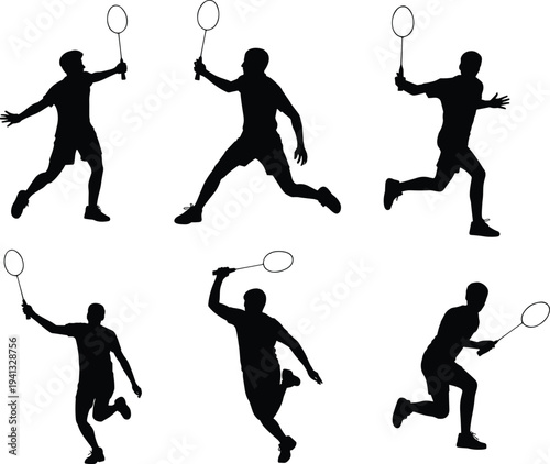 Badminton player silhouettes set, athletes jumping smashing with racket dynamic sport action collection isolated black figures on white