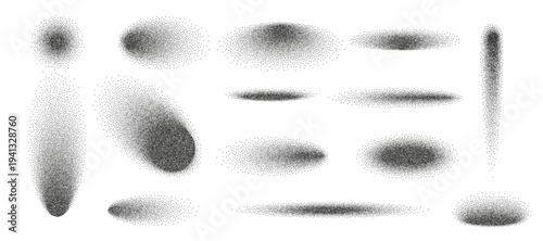 Gradient grain dot shadow with noise effect on white background. Abstract grunge oval and circle shade with black shape element and stipple fade dust. Sand spray effect, vector illustration.