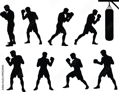boxing, boxer, silhouette, fighter, athlete, sport, training, punching, bag, combat, fitness, workout, stance, action, black, vector, icon, isolated, set, collection