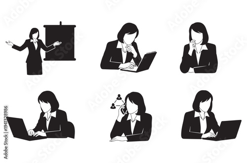 Set of six business women silhouettes engaged in various professional activities vector illustration isolated on transparent background