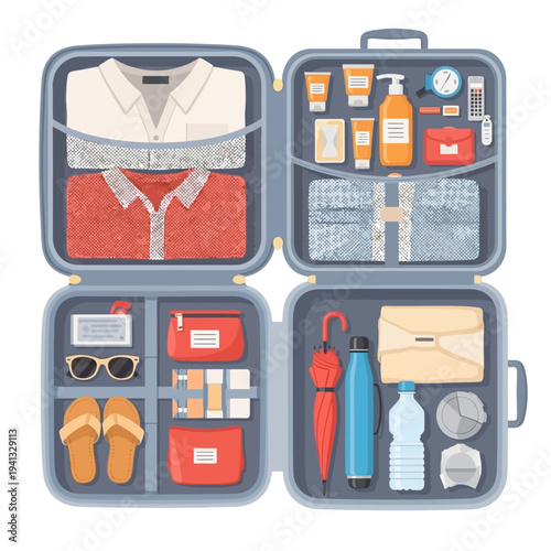 Opened suitcase with travel elements, vacation essentials