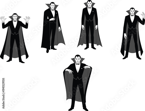 Classic vampire character poses collection, Dracula style gothic villain illustrations, horror Halloween costume figure set, dark fantasy vector characters