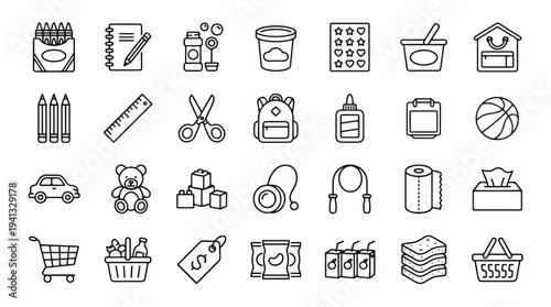 Minimalist line art icons set, various objects and symbols
