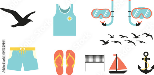 Summer Beach Vacation Icon Set Featuring Snorkel Mask Flip Flops Seagulls Sailing Boat Swimwear and Anchor Elements for Tropical Travel Design