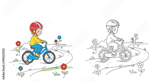 Cute little boy riding a bicycle with a helmet. Color and black-and-white outline line art version. Kids coloring book page vector illustration.