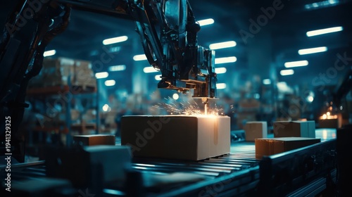 Advanced automated packaging machine sealing cardboard boxes on a factory production line with bright sparks