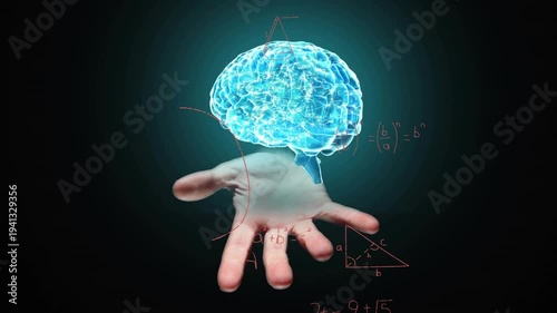 Neon strokes sparking hand rising glowing brain forming above palm math filling void showing ideas