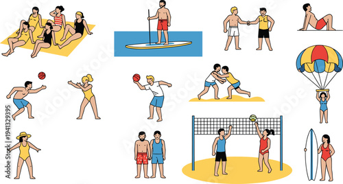 Vector flat illustration set of people enjoying summer beach activities including volleyball surfing paddleboarding sunbathing and wrestling for vacation design theme