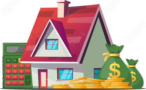 house, gold coins and  calculator