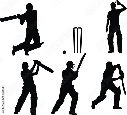 Cricket batsman silhouettes set, batting player action with bat ball stumps, dynamic cricket sport athletes isolated black figures