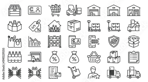 Minimalist line art icons for business, commerce, and logistics on white background