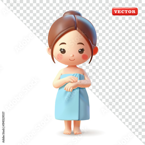Cute girl character with a towel applying lotion cream on her hands, 3D vector. Suitable for women's beauty care