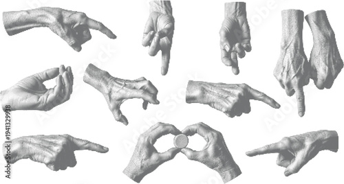 Anatomical hands collection halftone design concept with black dots texture and multiple pointing finger gestures for realistic graphic assets.