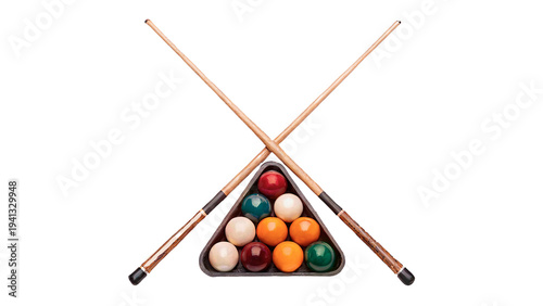 Bild auf Leinwand Two pool cues crossed over a triangle rack filled with colored billiard balls is