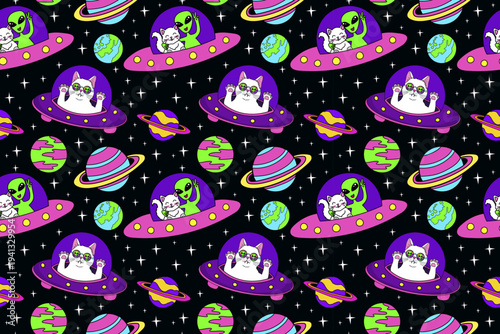 Space travel and exploration seamless pattern with UFO alien cat. Vector psychedelic background.