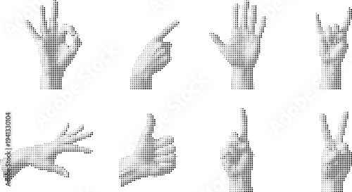 Creative hand gestures set halftone design concept with black dots texture and shaded anatomical details isolated on a white background.