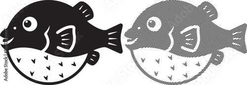 Two whimsical pufferfish with distinct facial expressions and patterns