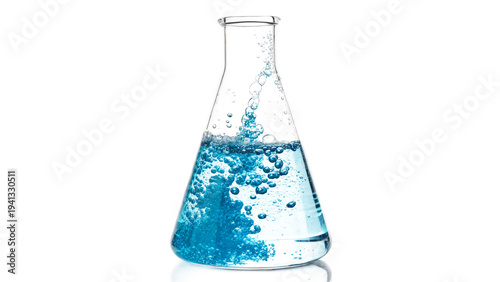 Obraz na plátne Mixing blue liquid in a glass flask creates bubbles and shows activity in a labo