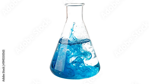 Photos Water and blue liquid mixing inside a clear glass flask in a laboratory isolated