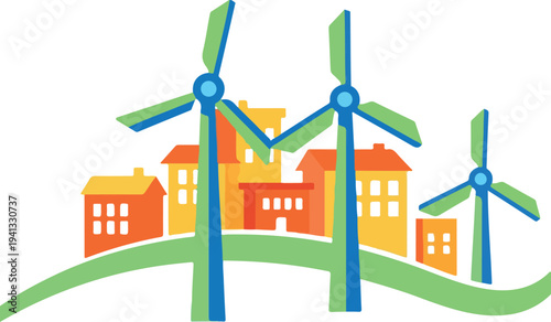 Set of 3 wind turbines and eco houses vector illustration