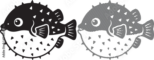 Two distinct pufferfish swimming side by side in a stylized illustration