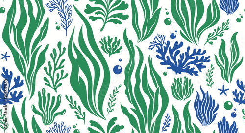 Oceanic Flora Pattern: Green and Blue Seaweed, Coral, Bubbles on White