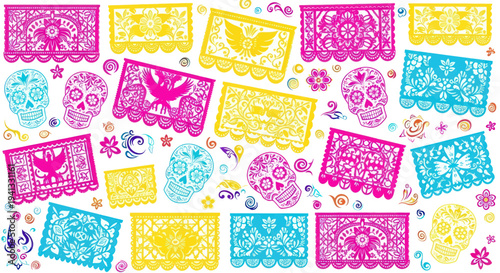Day of the Dead Papel Picado and Sugar Skulls Seamless Pattern