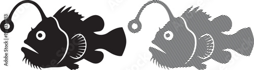 Contrasting artistic depictions of a fish with a hook and a stylized, textured fish illustration