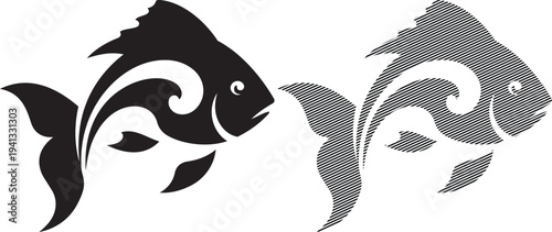 Two stylized koi fish swimming in abstract black and white design