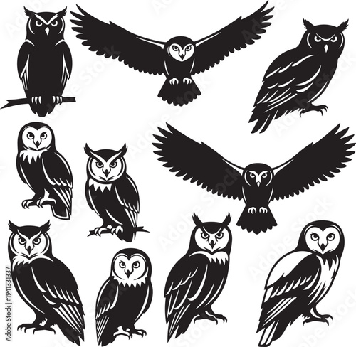 Collection of Black and White Owl Illustrations in Various Poses