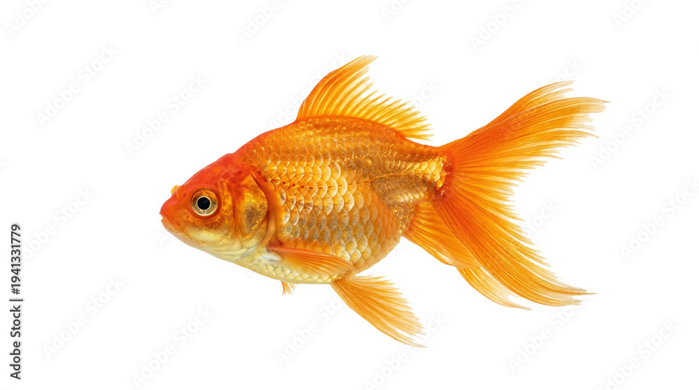 Fototapeta premium Isolated vibrant orange goldfish with flowing fins and scales on clean black space for design and decoration purposes