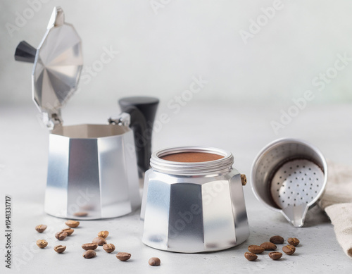 Italian moka pot parts with ground coffee and beans on light background