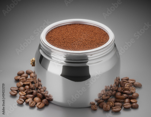 Ground coffee in metal container with coffee beans isolated on gray background
