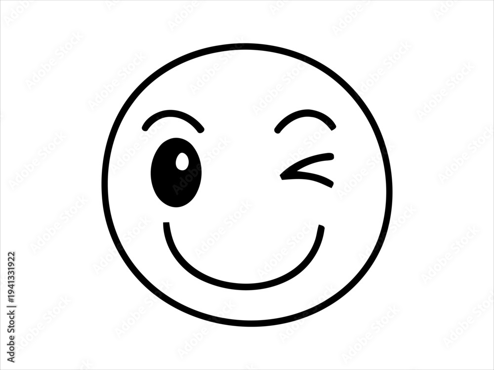 Fototapeta premium Simple Black Line Drawing of a Playful Winking Smiley Face Icon Expressing Happiness and Fun