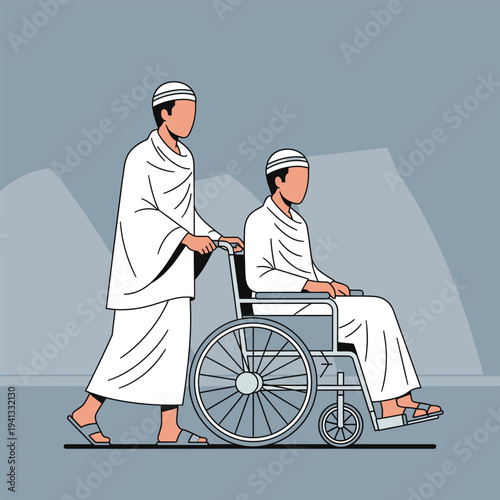 Two individuals in white clothing, one in a wheelchair