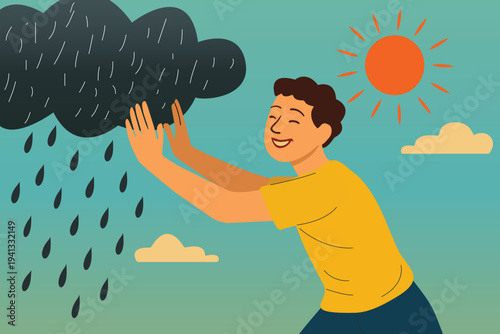 optimistic concept, happy smile man pushing dark rain cloud out of the summer sky, vector art illustration 