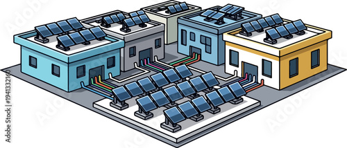 Set of 3 eco-friendly buildings with solar panels vector illustration