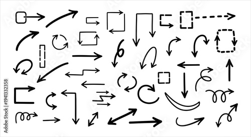 Dynamic collection of hand-drawn arrow icons, pointers, and directional symbols in sketch style for creative graphic design projects