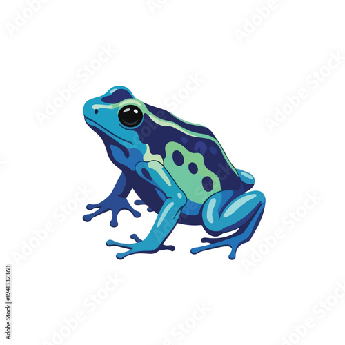 A vibrant blue frog with green accents sits on a plain white background, showcasing its distinctive spots and large eye in a simple, graphic illustration.