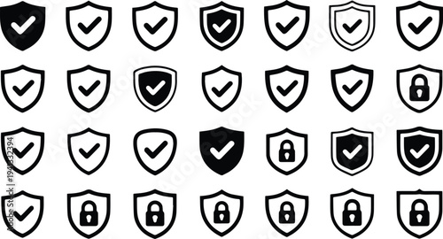 Security Shield Icons Set. Protection Lock and Check Mark Safety Symbols Vector