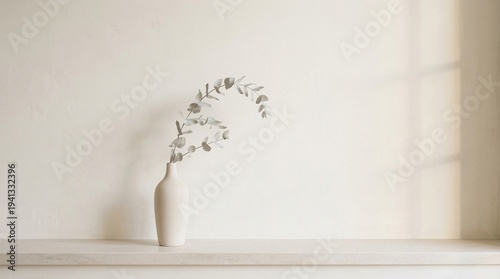 Elegant white vase with eucalyptus on modern shelf